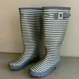 Joules Women Rainboots Tall Wellies Sz 8 Gray Silver Striped Waterproof Buckle